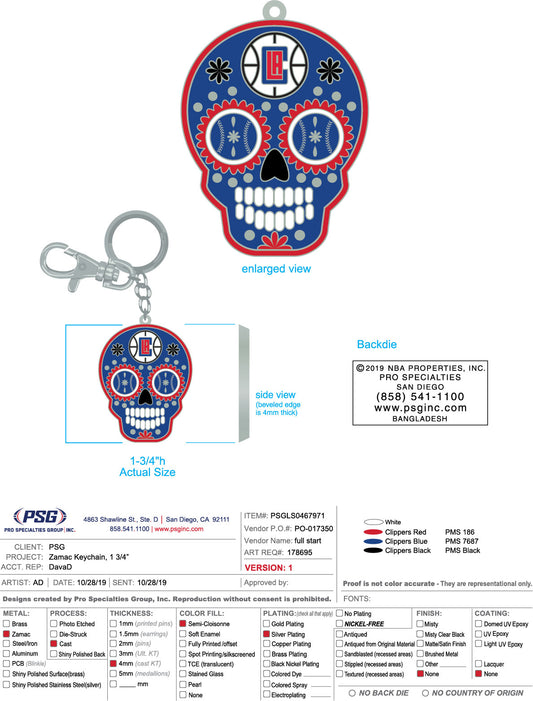 Los Angeles Clippers Keychain Zamac Sugar Skull - PSGLS0467971